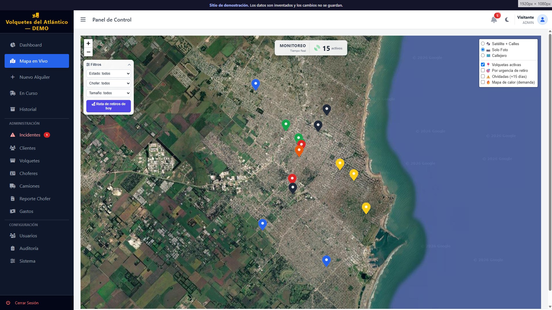 Mapa en vivo con los volquetes